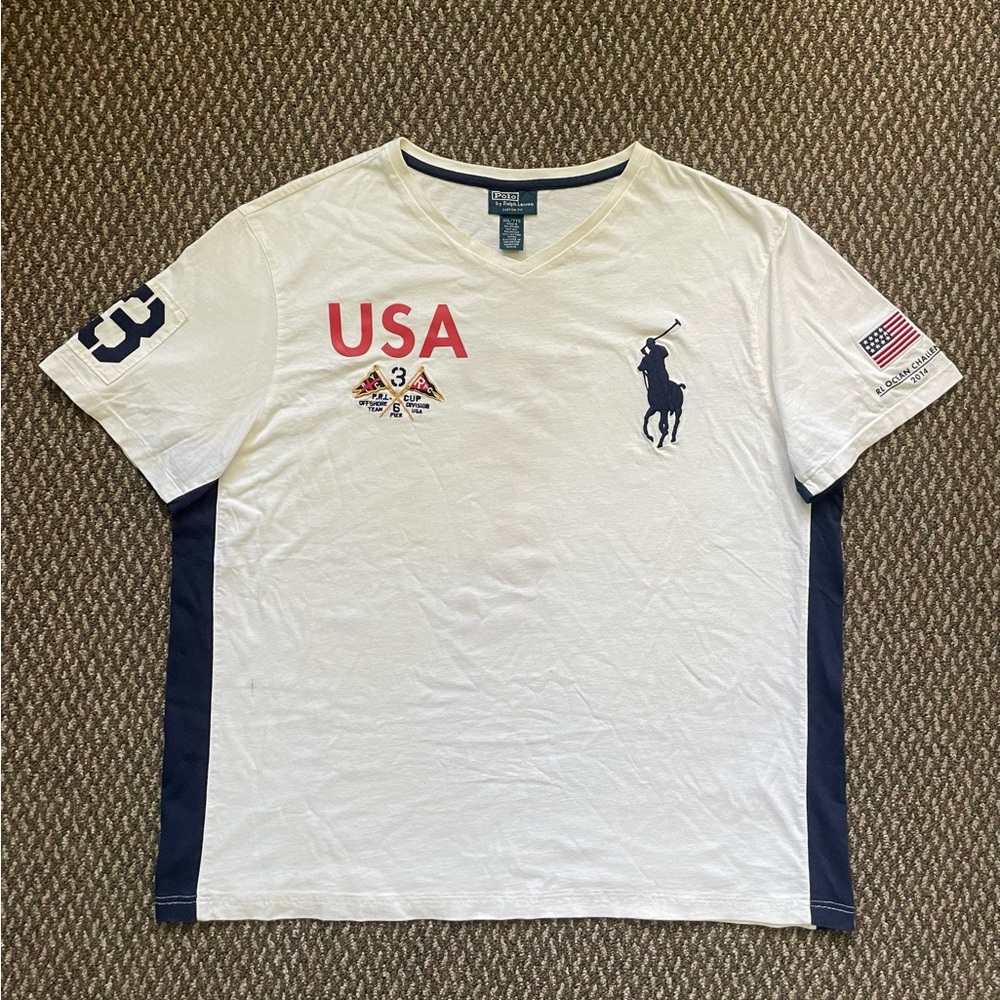 Polo Ralph Lauren Men's White USA Ocean Challenge 2014 V-Neck Polo Tee